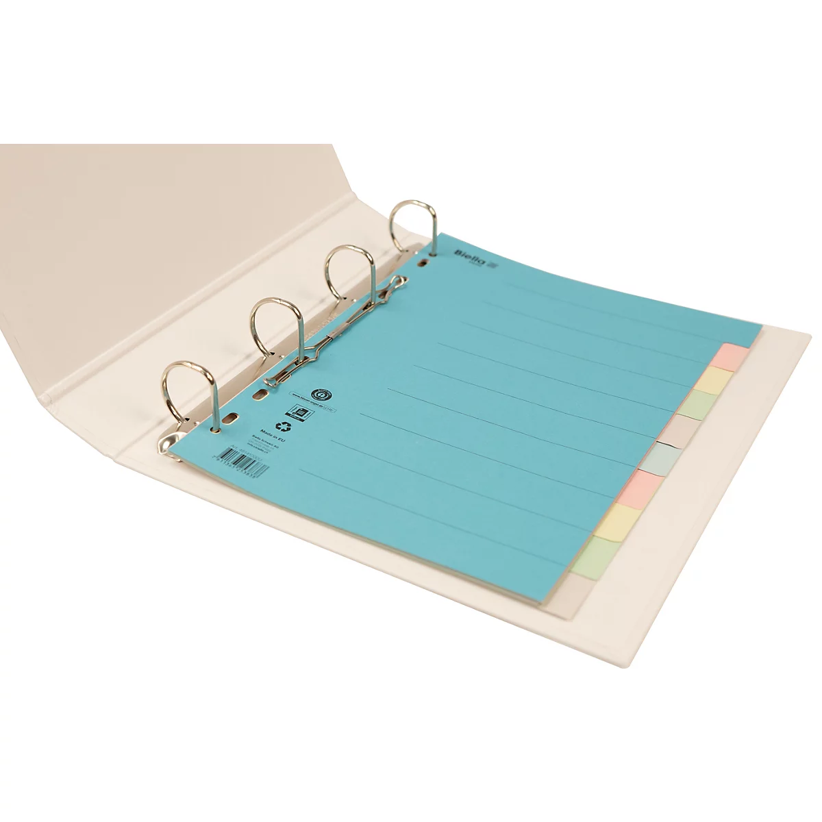 Hellbeige Ordner mit blauem Blatt und farbigen Trennblättern. Metallringe halten die Blätter.