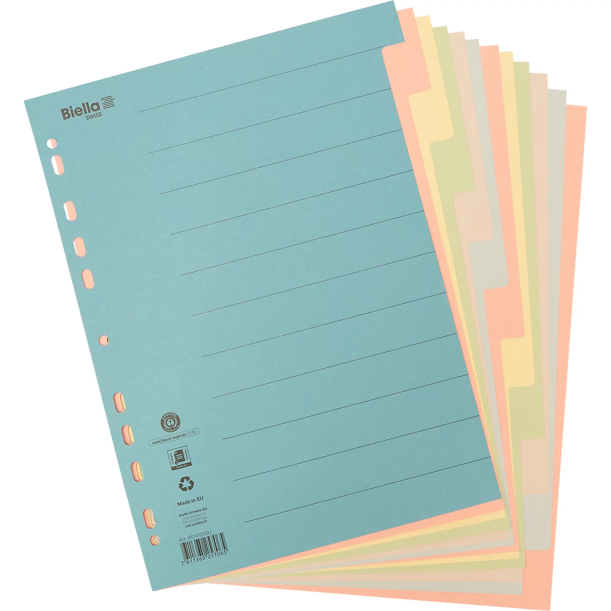 Hellblaues liniertes Blatt Papier mit Lochung und bunten Trennblättern. Schriftzug: Biella.