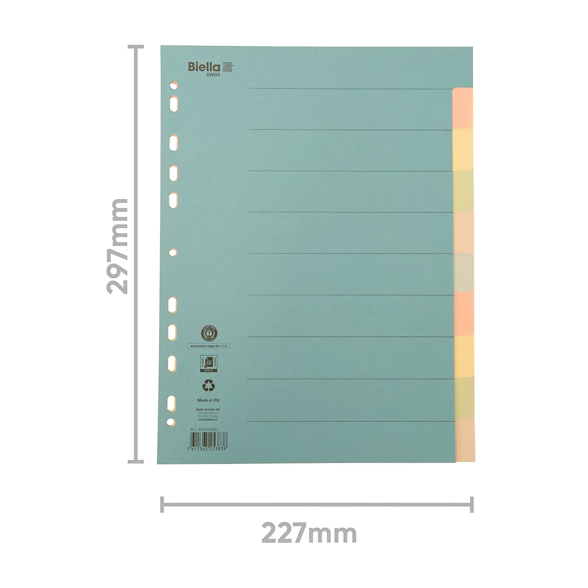Registre bleu clair avec onglets colorés. Perforations à gauche, onglets étiquetés à droite. Dimensions : 297 mm x 227 mm.