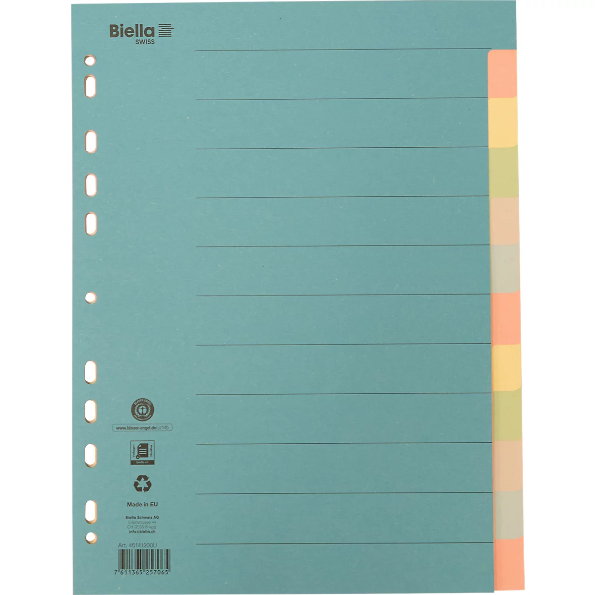 Feuille bleu clair lignée avec bord perforé et marquages colorés.