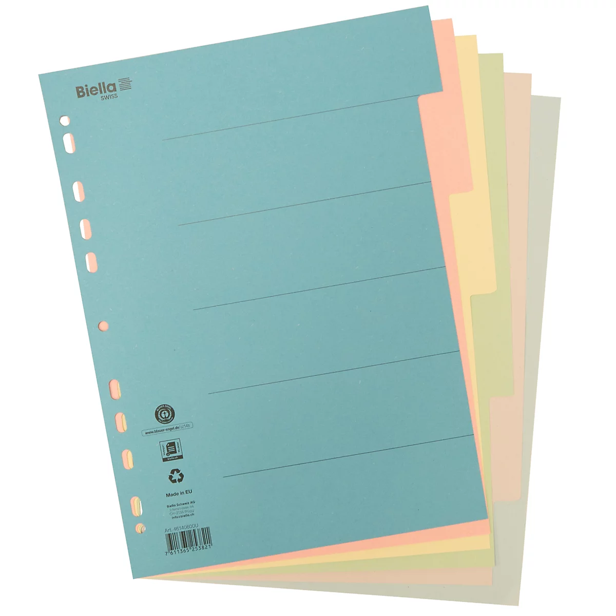 Séparateurs multicolores avec trous. Le devant est bleu clair avec des lignes horizontales. Nom de marque imprimé.