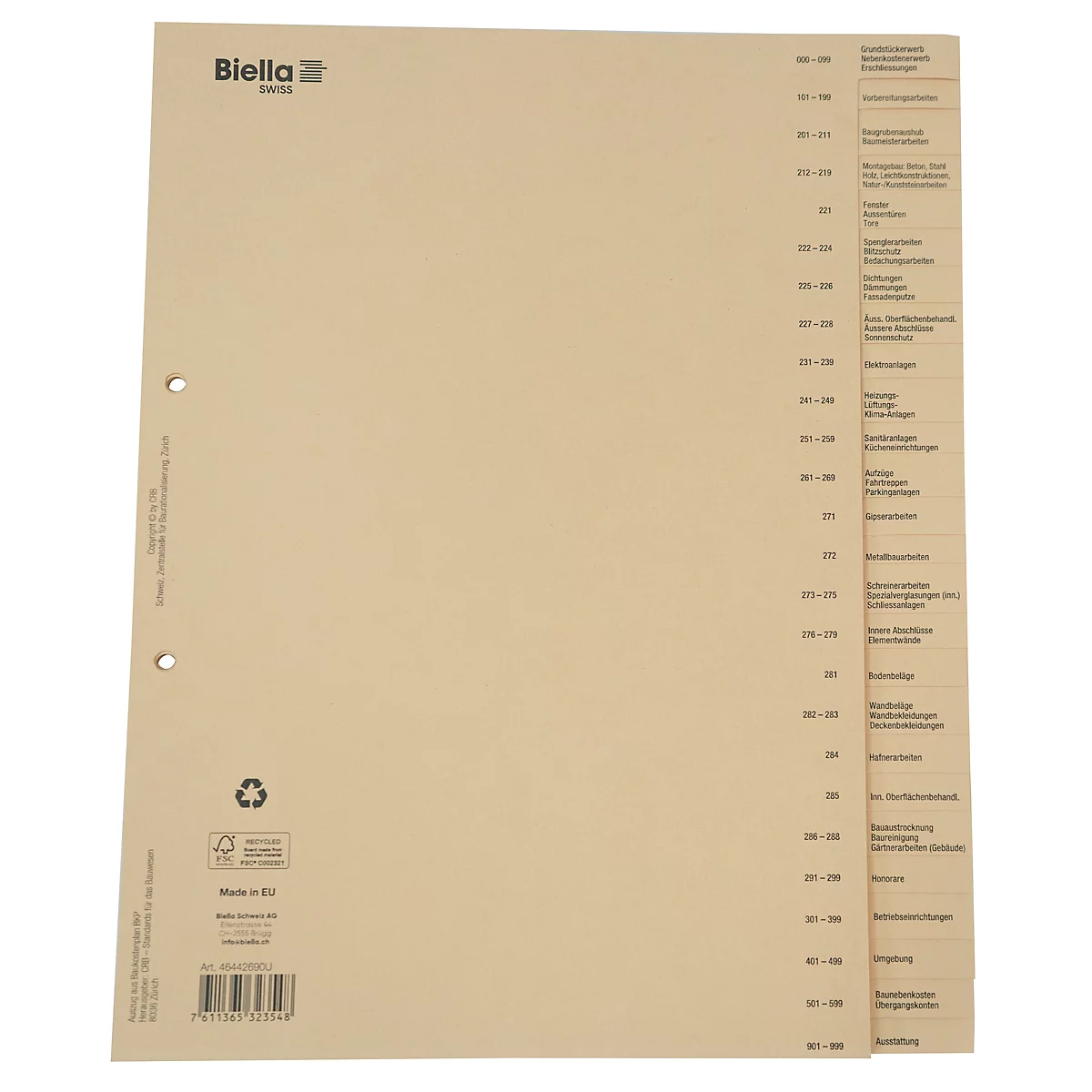 Fiche beige avec trous pré-perforés. Intitulé "Biella" et table des matières.