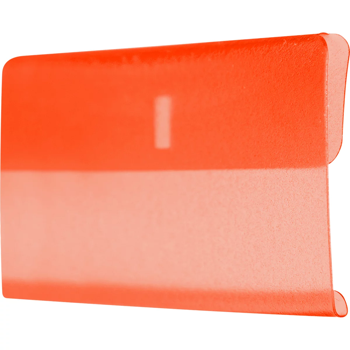 Detailaufnahme eines orangefarbenen Kunststoffteils mit abgerundeten Ecken und einer weissen Markierung.