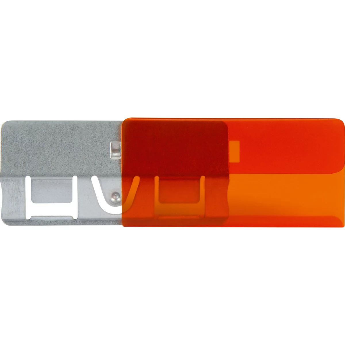 Detailansicht eines orangefarbenen Teils mit einer Metallklammer.