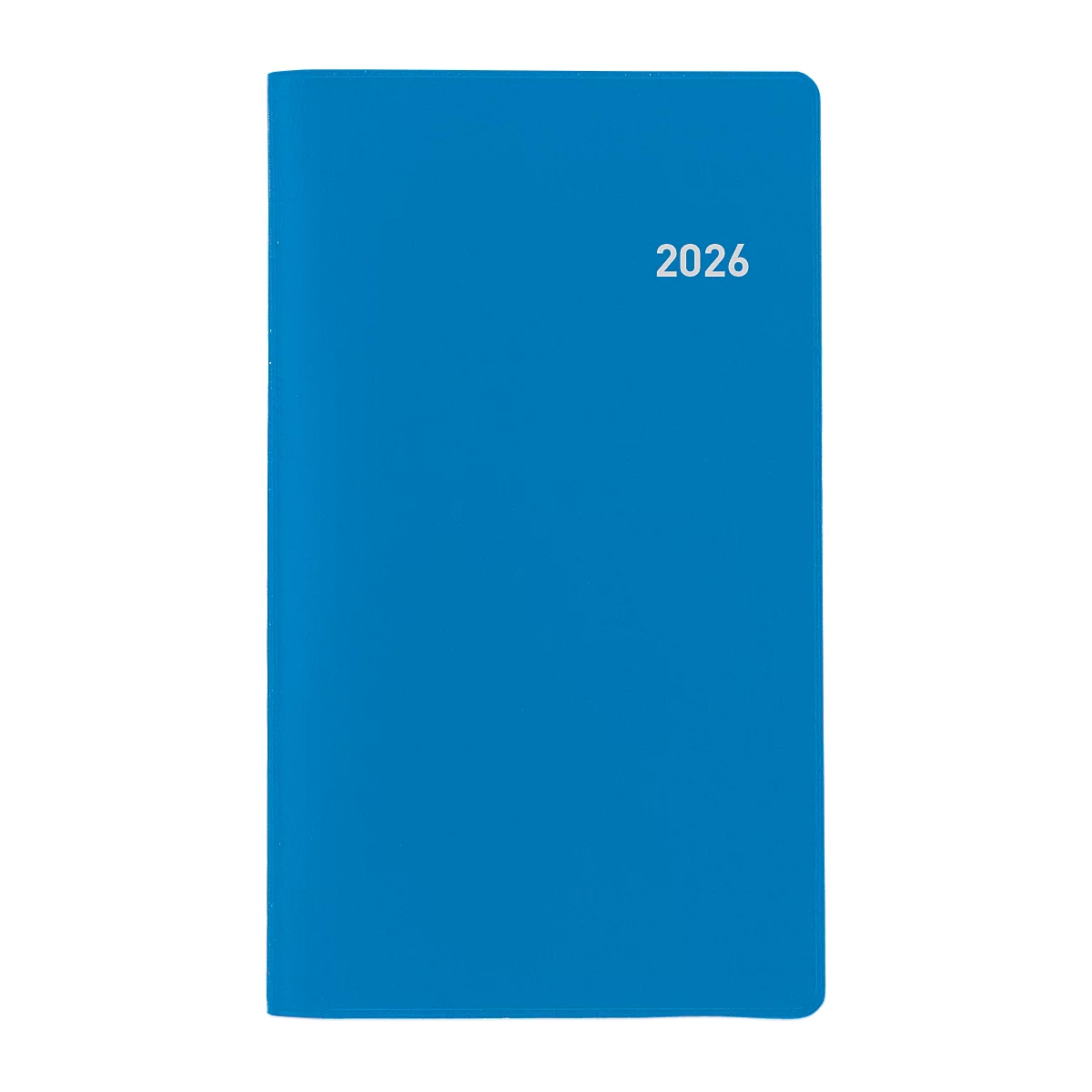 Blauer Terminkalender mit weisser Jahreszahl 2026. Rechteckiges Format, glatte Oberfläche.