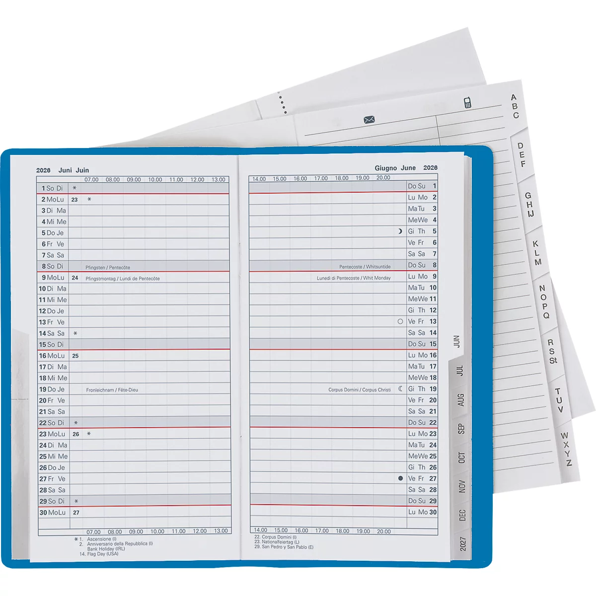 Offener blauer Terminplaner mit offenem Juni-Kalender. Mehrere weisse Seiten sind zu sehen.