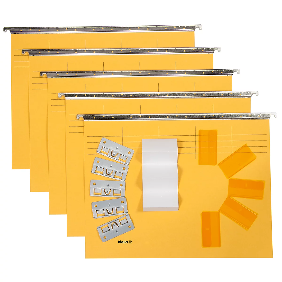 Yellow hanging folders with metal rails and accessories on a yellow background. Includes paper clips, sticky notes, and labels.