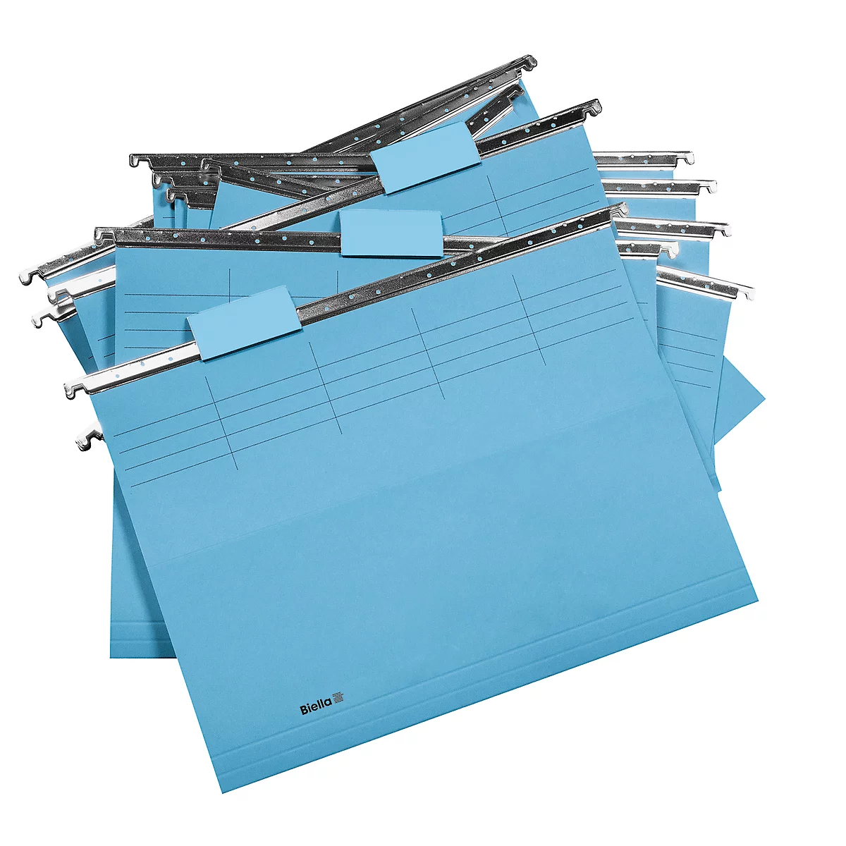 Pile of light blue hanging file folders with metallic rails and small blue labels.