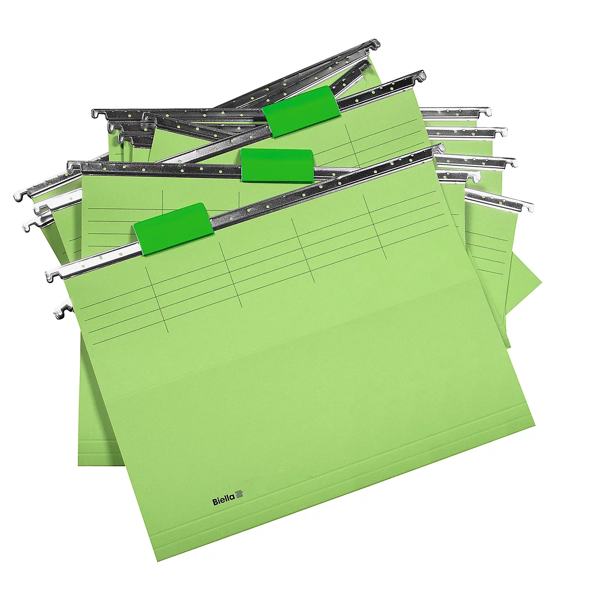 Stack of green hanging files with green tabs and metal rails.