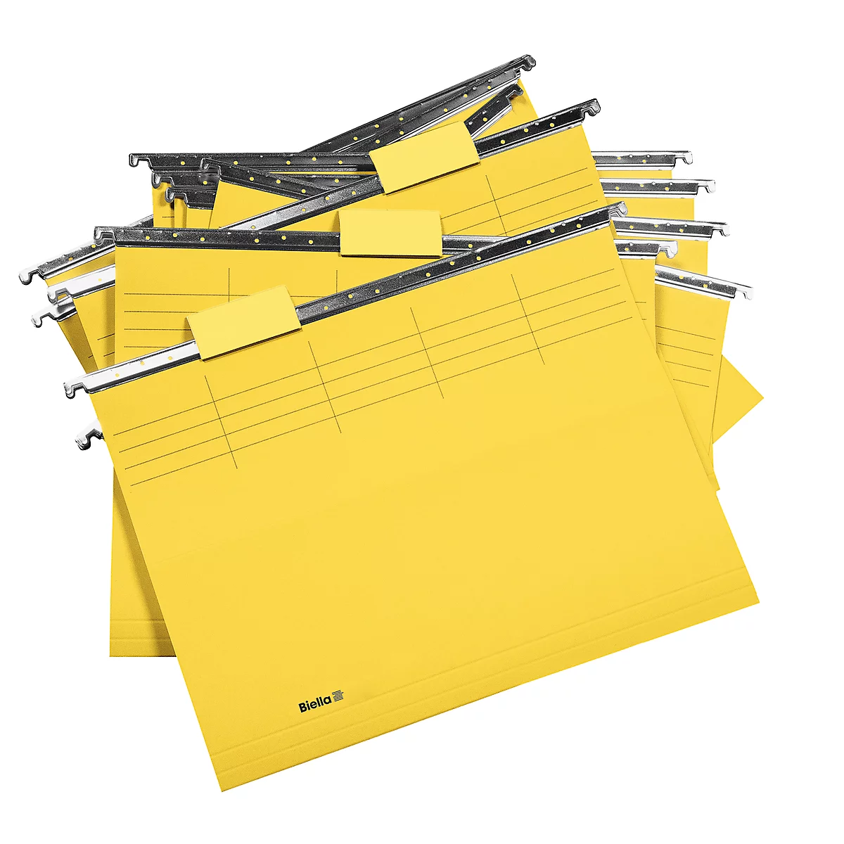 Yellow hanging file folders with metal frame and labels. The 'Biella' logo is visible.