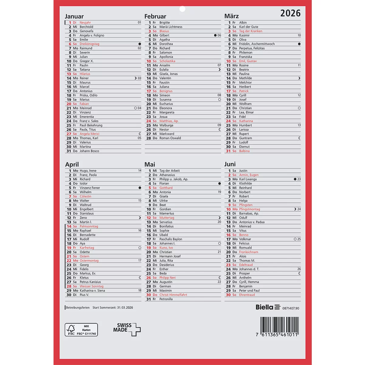 Kalender für 2026 mit Monatsnamen und Tagesdaten in grauer Schrift auf hellem Grund, roter Rahmen.
