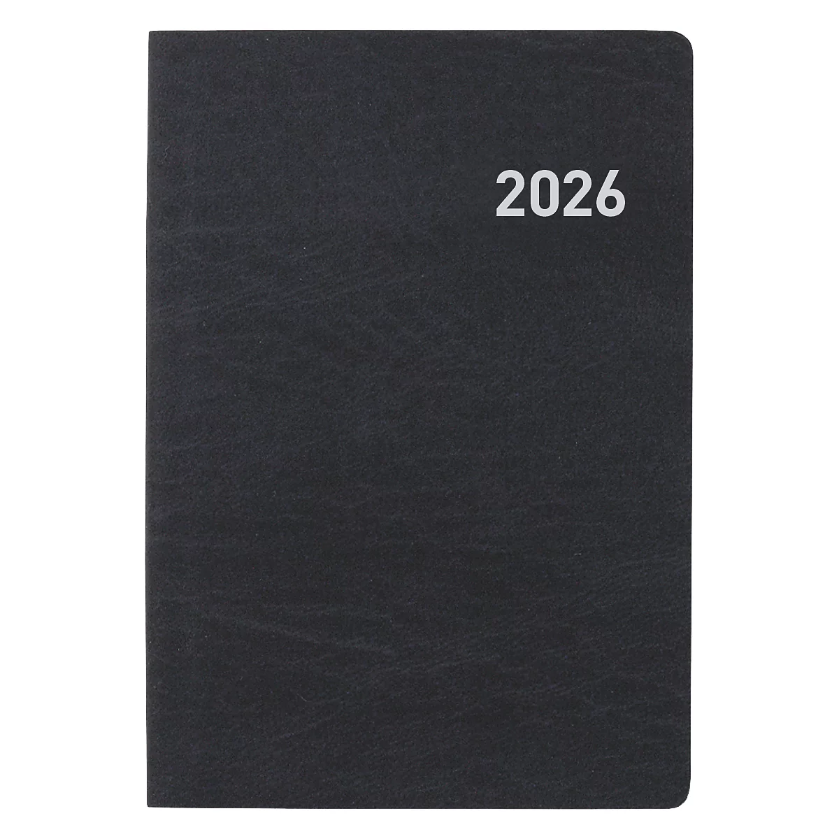 Schwarzes Notizbuch mit der weissen Jahreszahl 2026. Die Oberfläche ist leicht strukturiert.