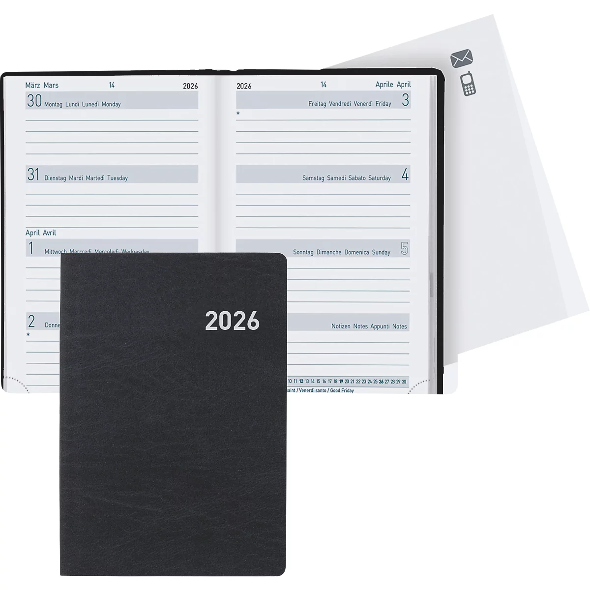 Ein schwarzes Notizbuch mit der Aufschrift 2026 liegt neben einem geöffneten Kalender mit Linien und Datumsangaben.