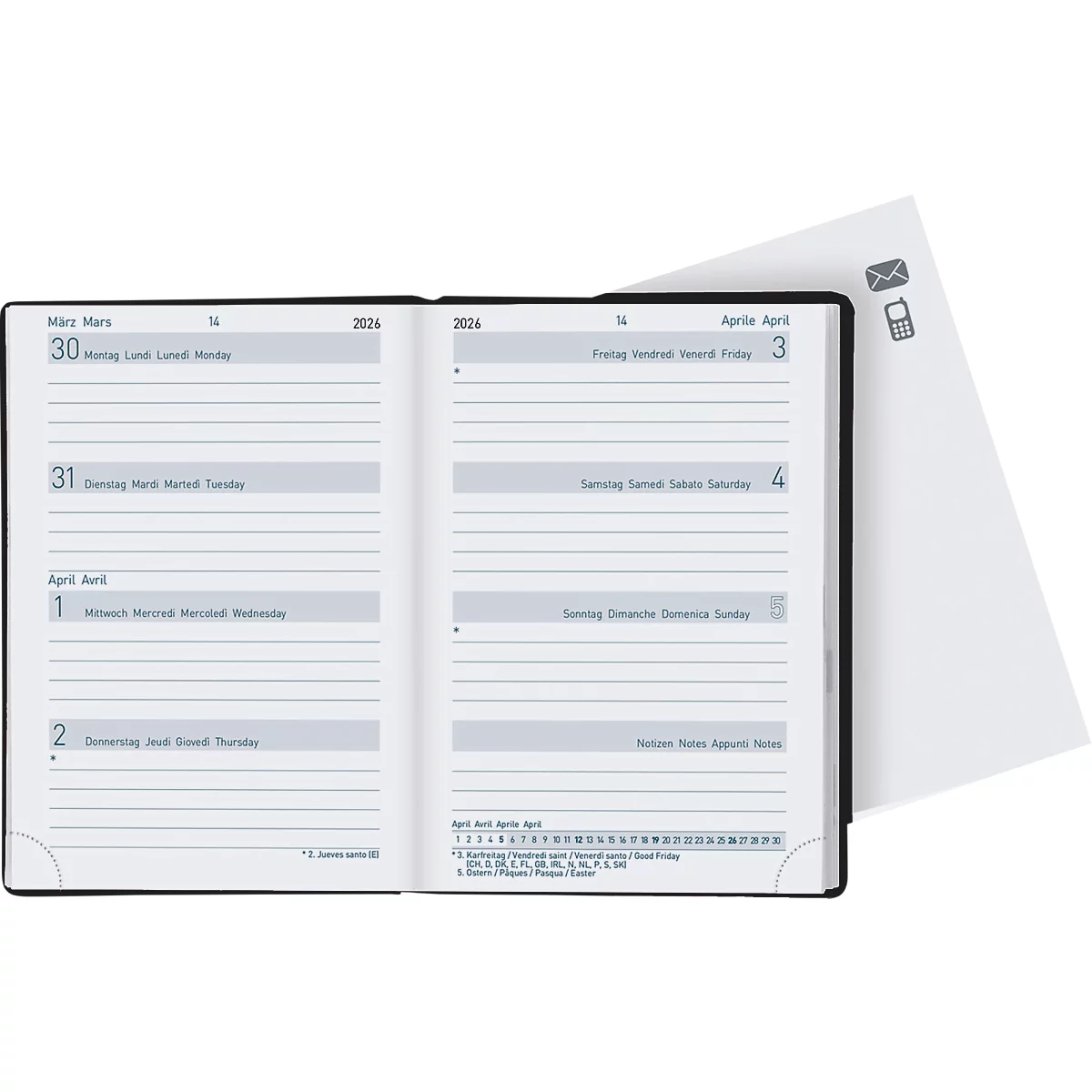 Geöffnetes Notizbuch mit Kalenderseiten. Eine lockere Seite mit Symbolen für E-Mail und Telefon. Datumsangaben deutlich sichtbar.