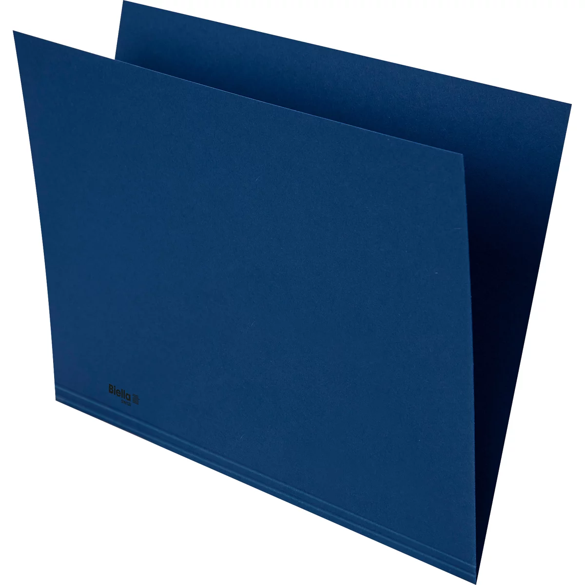 Blaue Aktenmappe mit geöffneten Seiten, Blick von oben. Rechts unten Schriftzug.