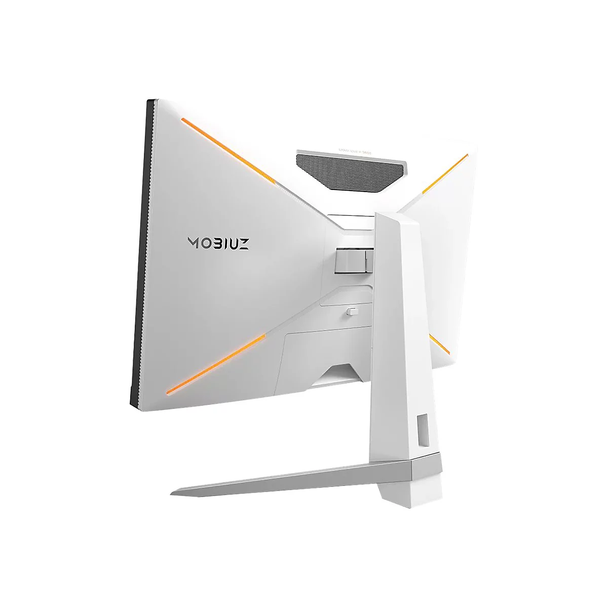Der weiße MSI MOBIUZ Monitor wird von hinten und leicht schräg gezeigt. Orangefarbene Akzente und das Logo sind sichtbar.