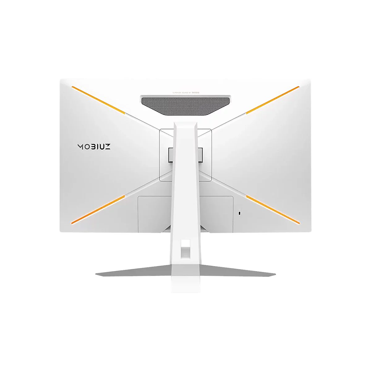 Weißer Monitor mit MOBIUZ-Logo, gelben Zierstreifen und Standfuß.