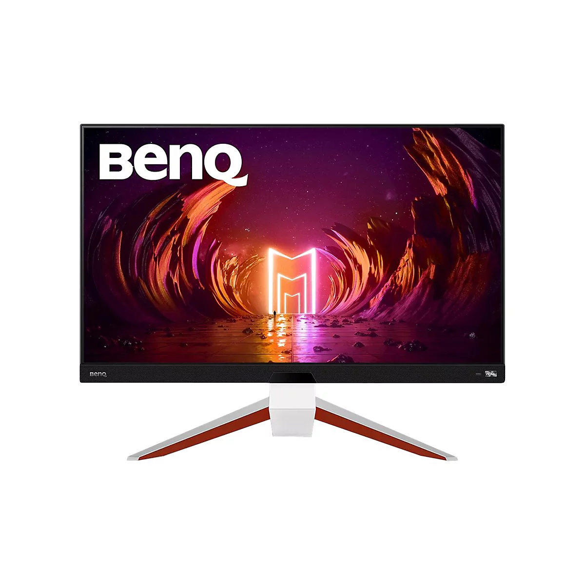 Monitor mit BenQ-Logo, zeigt eine futuristische Landschaft in Orange- und Lilatönen. Der Standfuß ist weiß mit roten Akzenten.