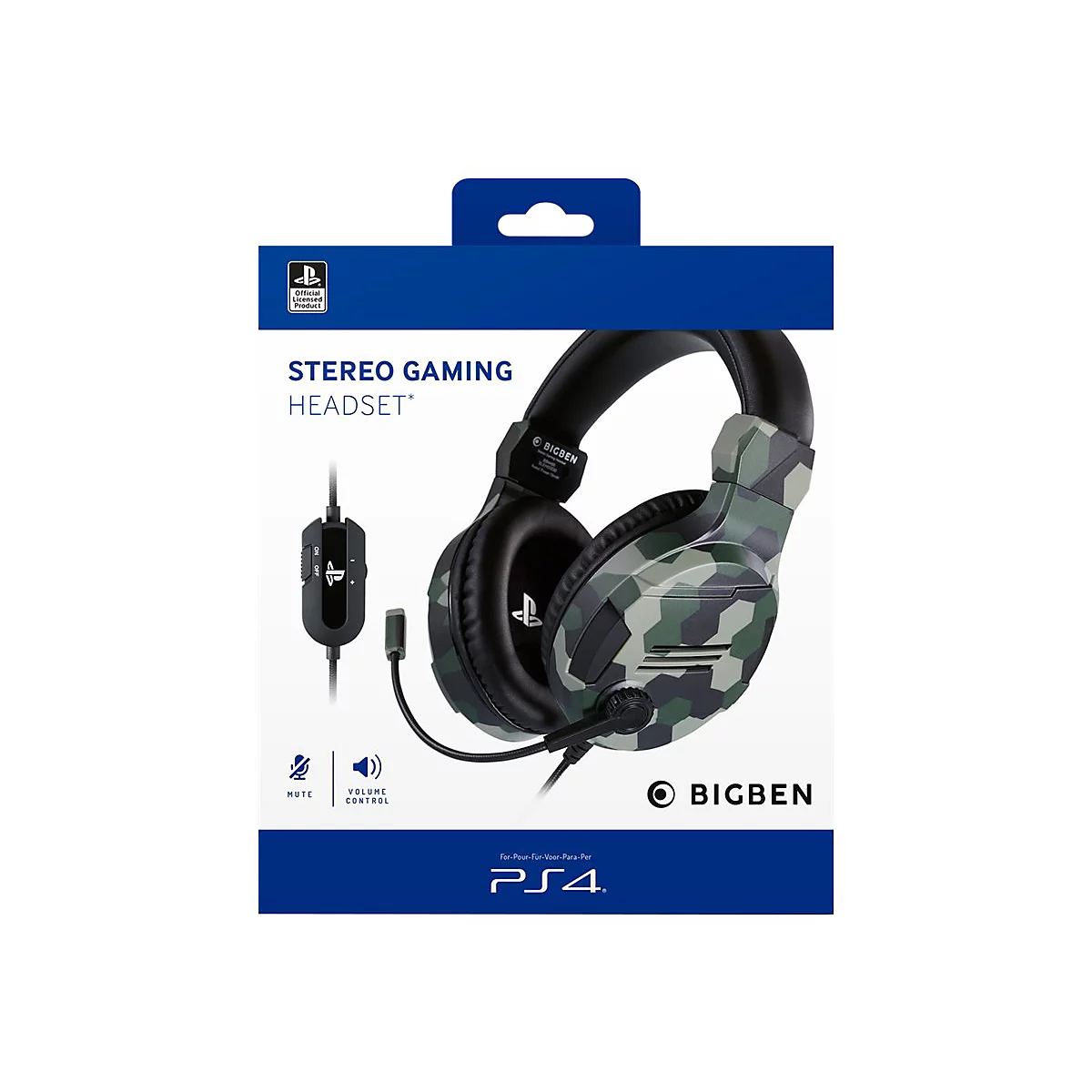 Draufsicht auf ein Stereo-Gaming-Headset in einer Verpackung. Das Headset hat Camouflage-Muster und einen Mikrofonarm. Auf der Verpackung stehen Texte wie PS4 und BIGBEN.