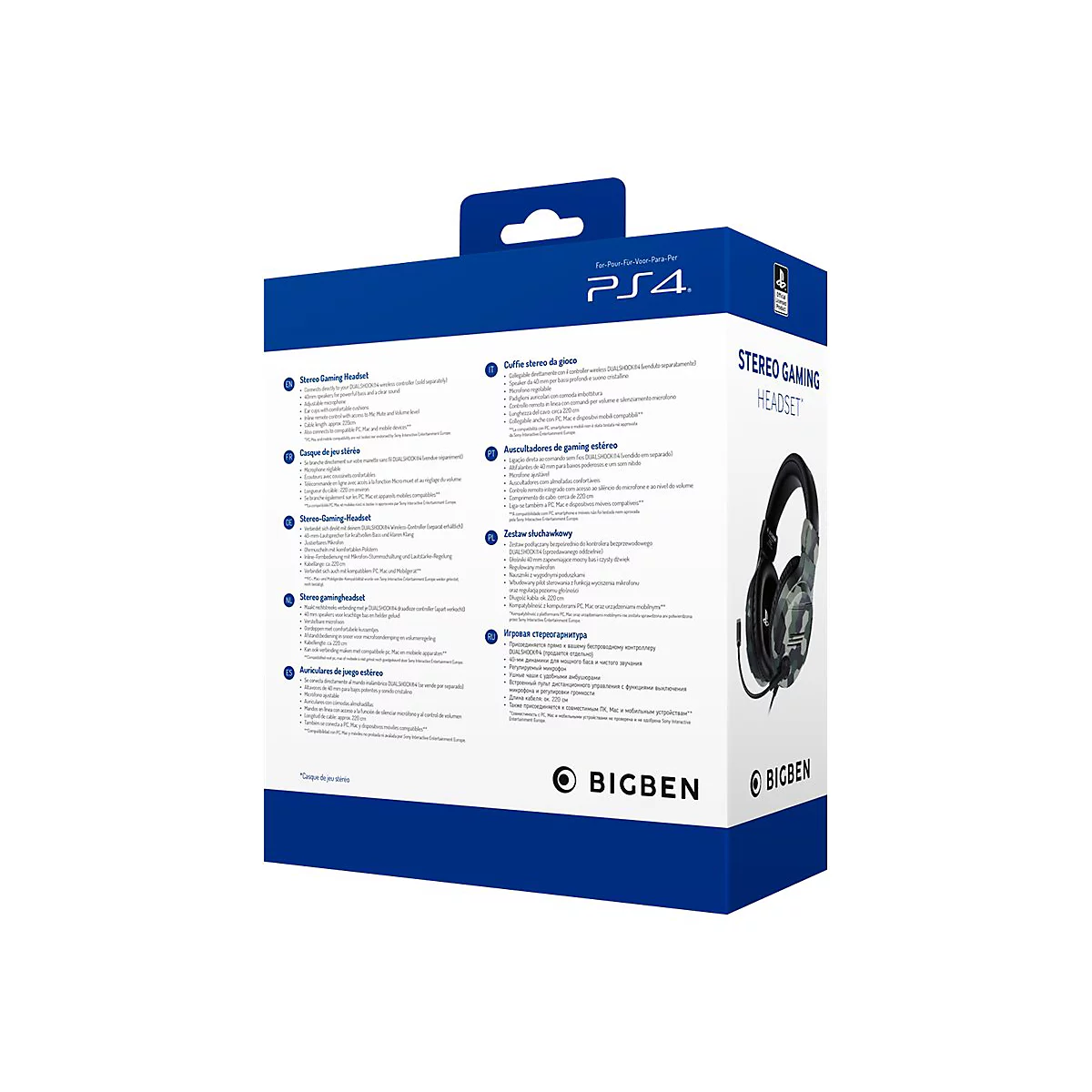 Verpackung eines Stereo-Gaming-Headsets fÃ¼r die PS4, blau und weiÃŸ, mit Produktabbildung.