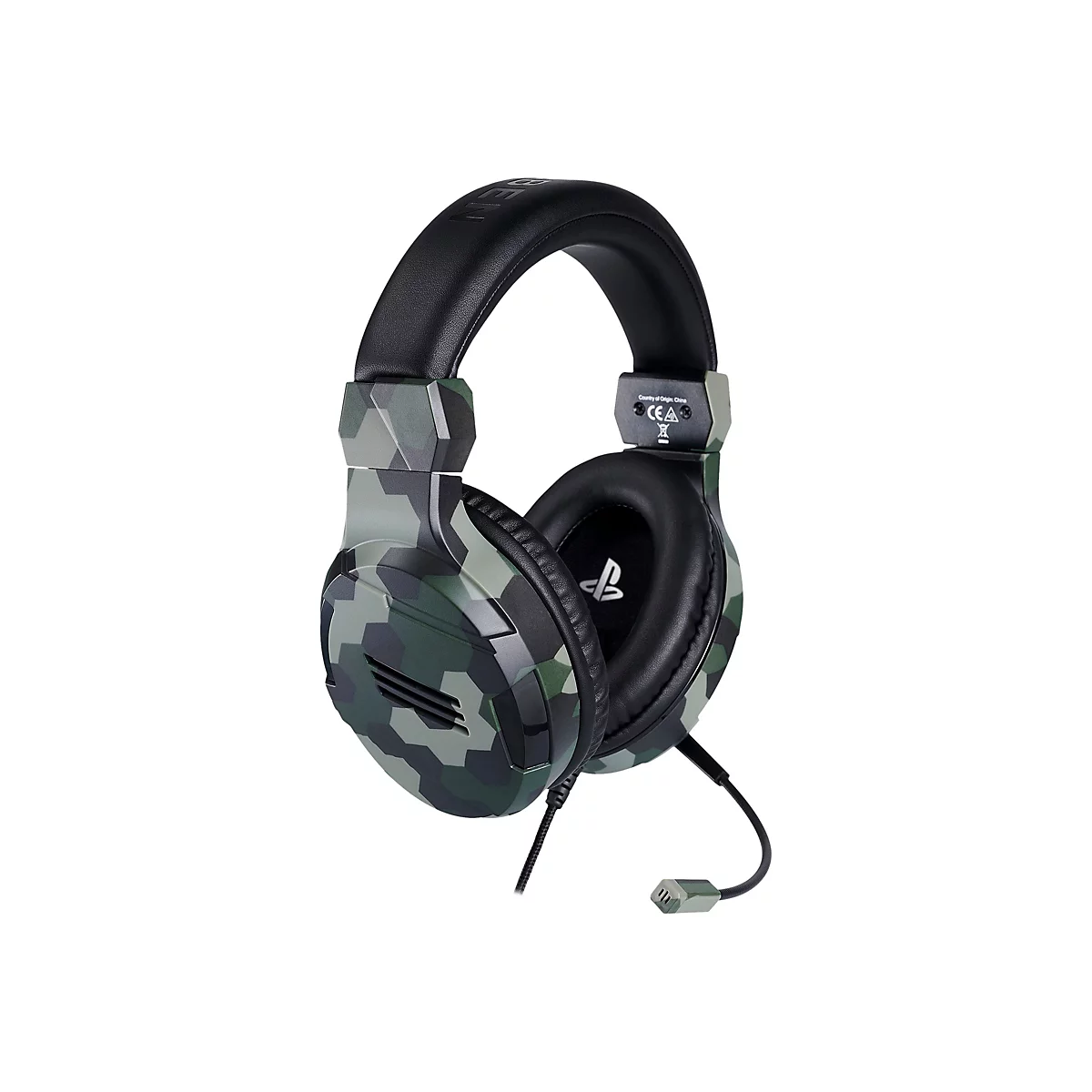 Schwarzes Headset mit Tarnmuster, Mikrofon und PlayStation-Logo.
