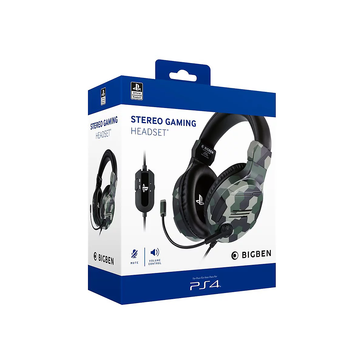 Verpackung eines Stereo-Gaming-Headsets. Es zeigt das Headset mit Tarnmuster, ein Mikrofon und das PS4-Logo.