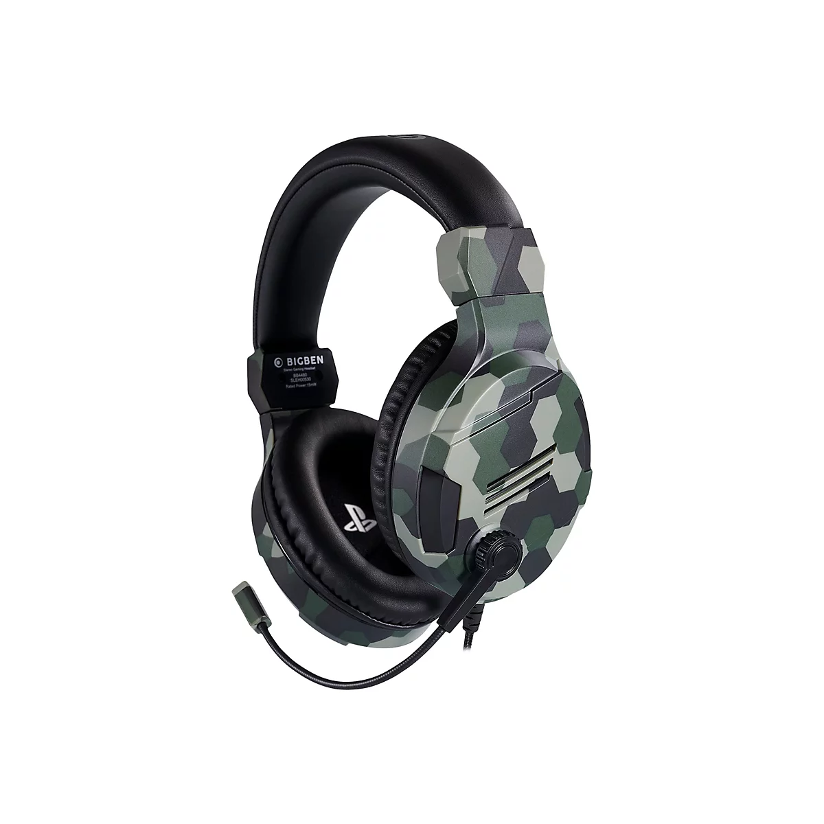 Schwarzes Headset mit grÃ¼n-grauem Camouflage-Muster. Der Mikrofonarm ist an der linken HÃ¶rmuschel befestigt.