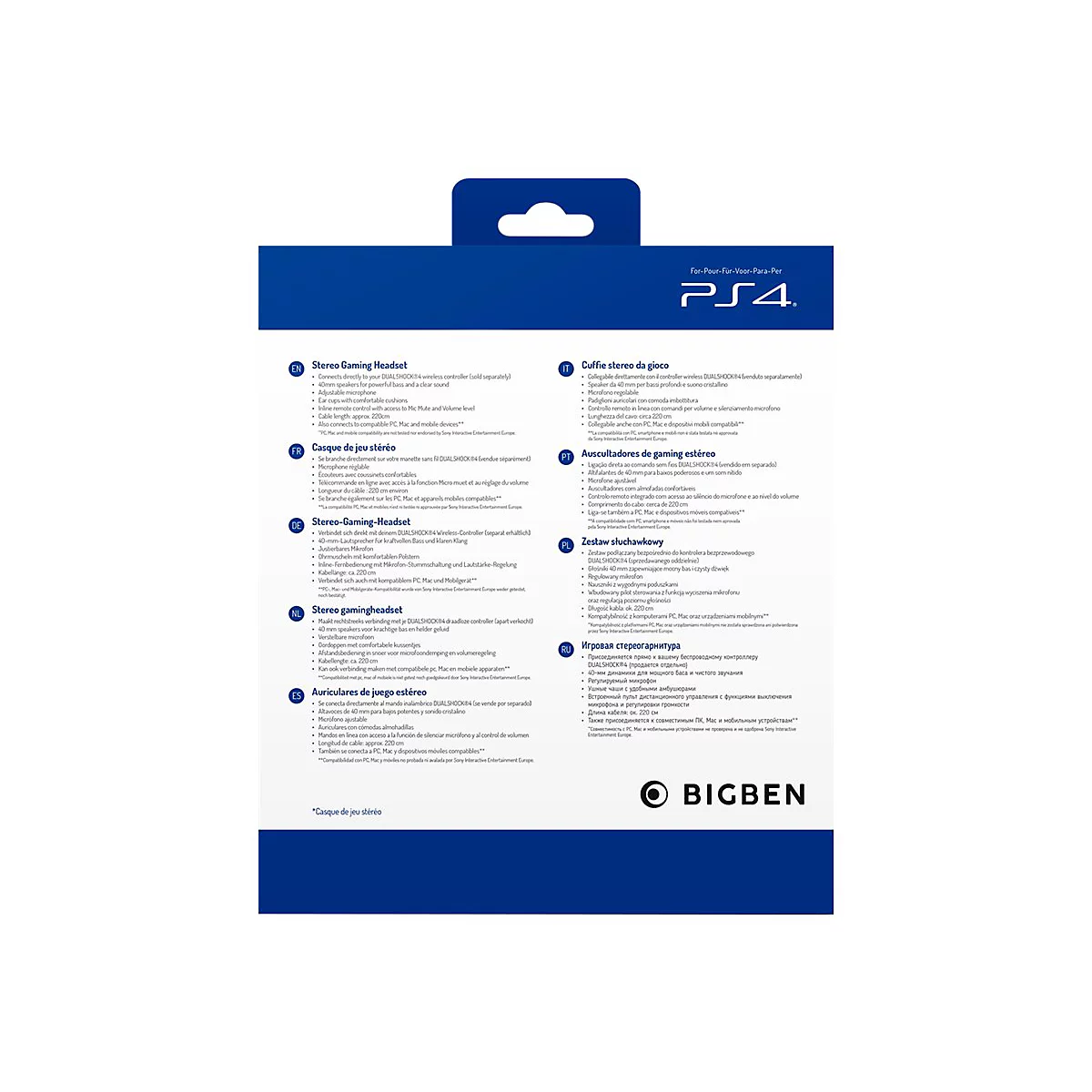 RÃ¼ckseite einer schwarzen PS4-Verpackung mit Produktbeschreibungen und dem Bigben-Logo.