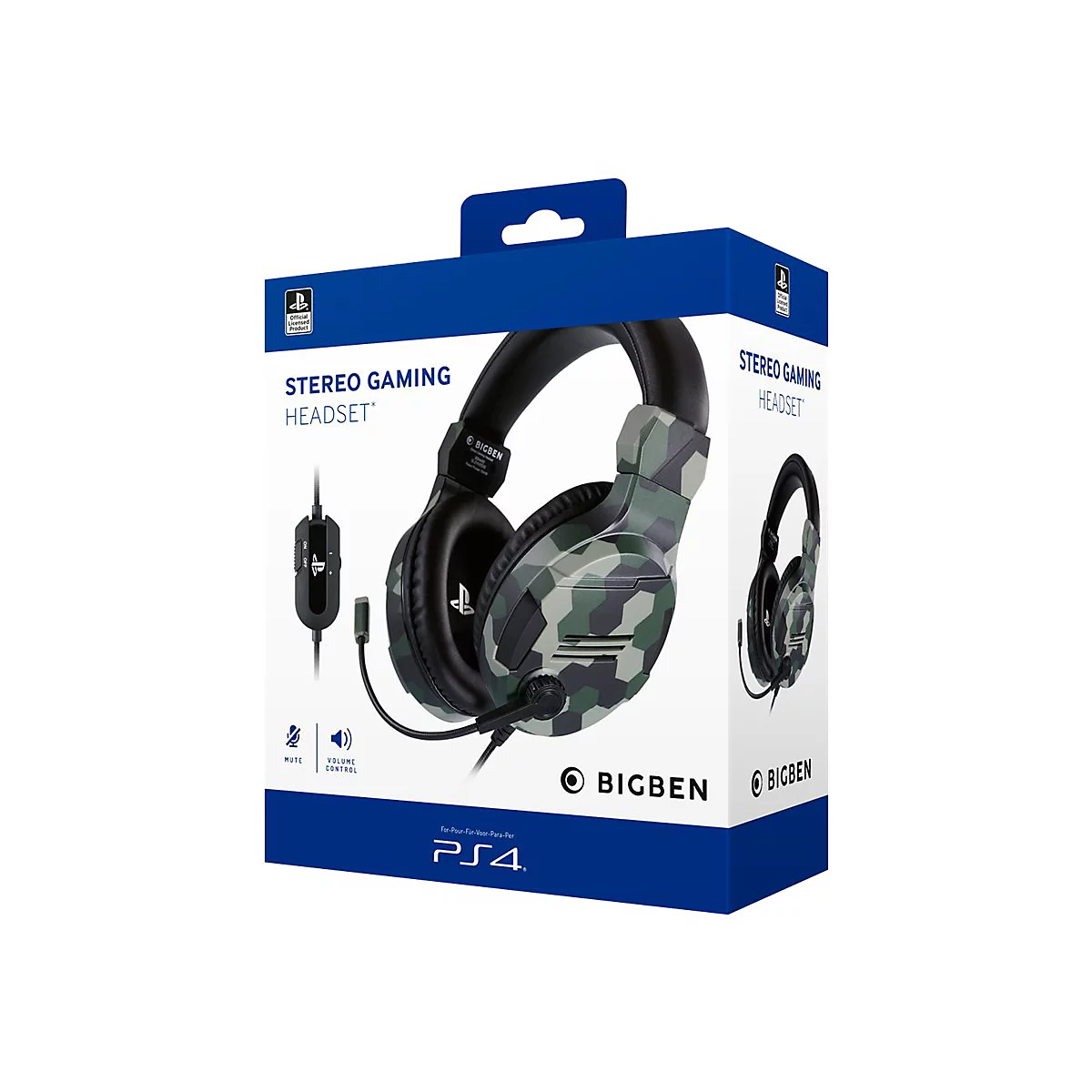 Eine Verpackung mit Stereo-Gaming-KopfhÃ¶rern fÃ¼r die PS4. Das Headset hat ein Camouflage-Design und ein Mikrofon.