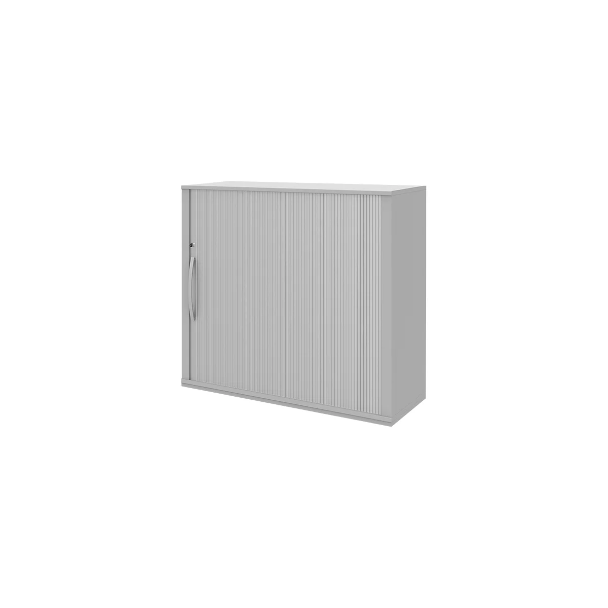 Bijzet roldeurkast BARI, 4 legborden, rechts openend, slot & middenwand, B 1200 x D 430 x H 1117 mm, lichtgrijs
