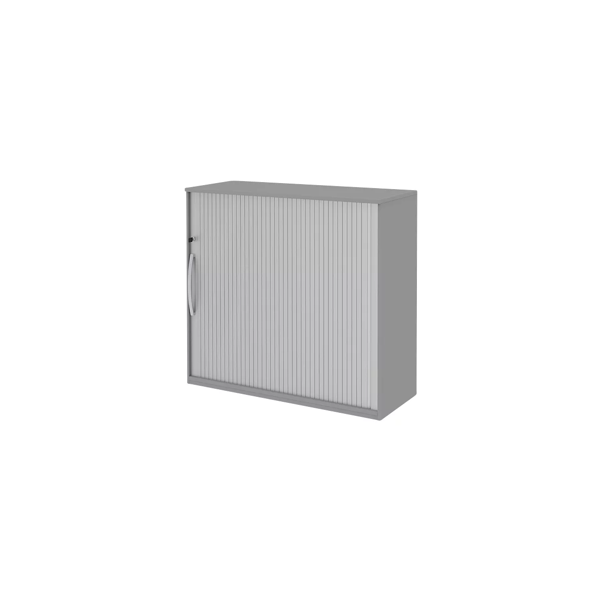 Bijzet roldeurkast BARI, 4 legborden, rechts openend, slot & middenwand, B 1200 x D 430 x H 1117 mm, middengrijs
