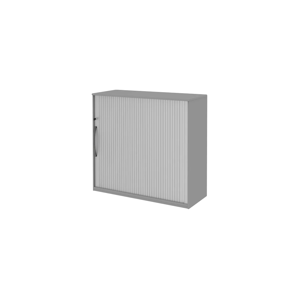 Bijzet roldeurkast BARI, 4 legborden, rechts openend, slot & middenwand, B 1200 x D 430 x H 1117 mm, middengrijs