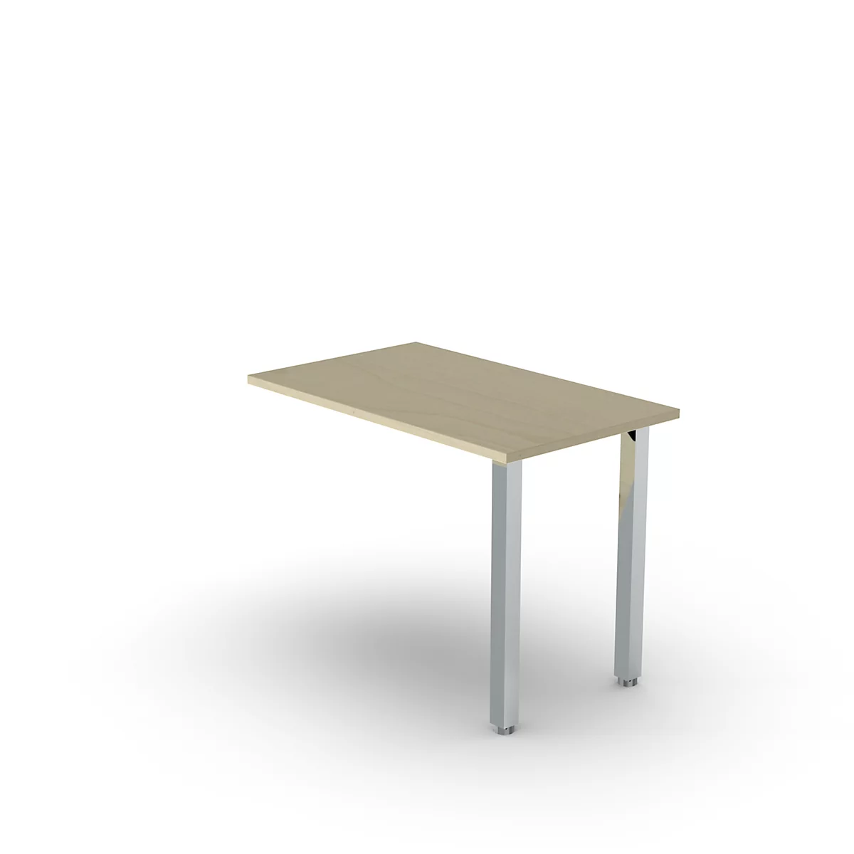 Bureau met houten blad en twee zilveren poten, tegen een witte achtergrond.