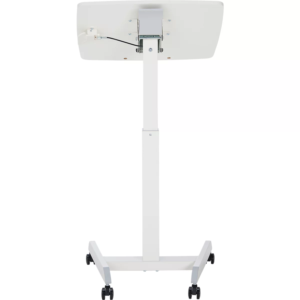 Een witte, in hoogte verstelbare statafel met wielen, gefotografeerd van onderaf.