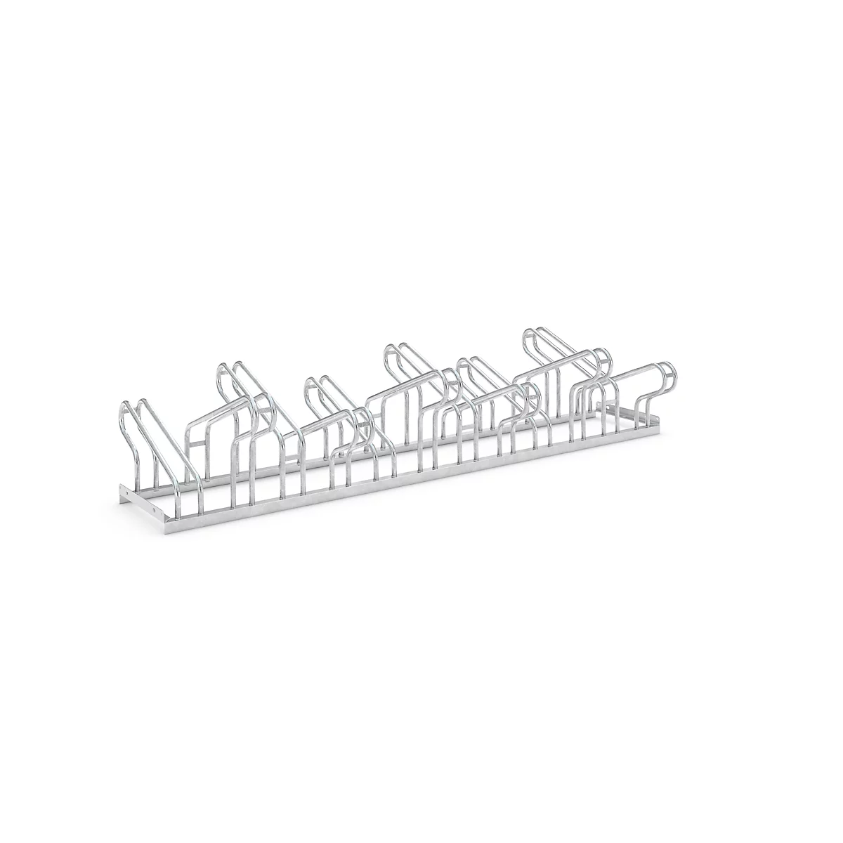 Metal bike rack, silver-colored, against a white background. Contains multiple parking positions.