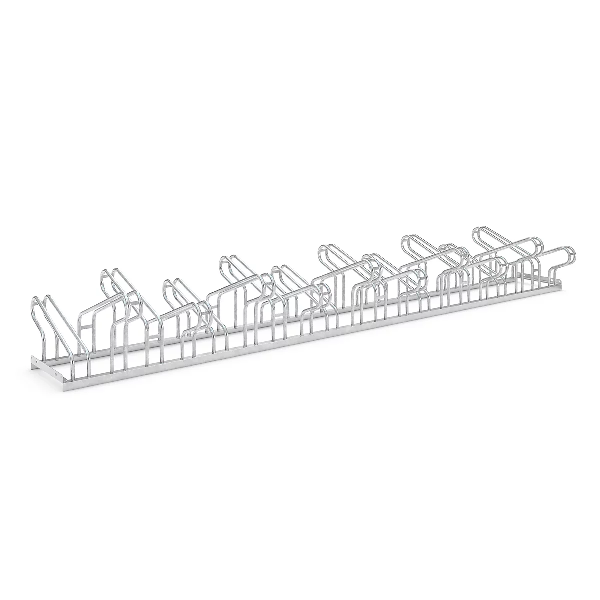 Metal bicycle rack, silver. Multiple stands for bicycles, freestanding.