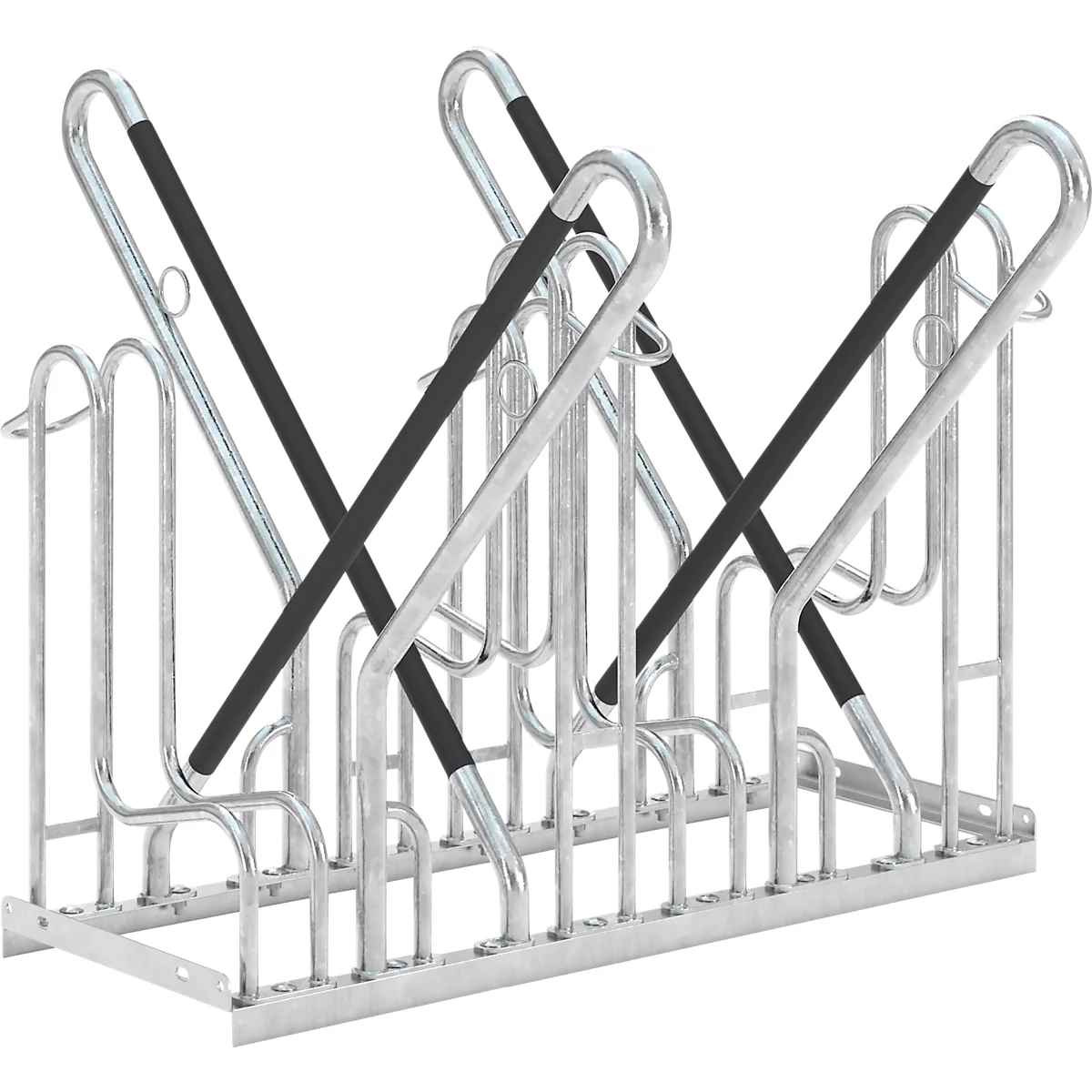 Metal bicycle rack; silver base structure with black crossbars.