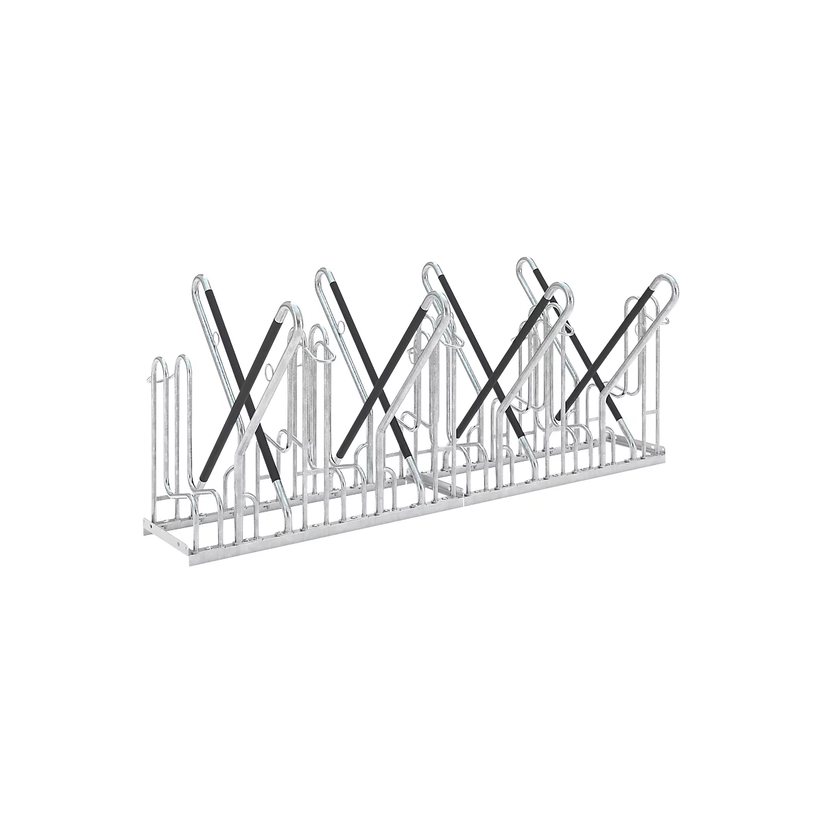 Metal bicycle rack with black supports. Freestanding for multiple bikes.