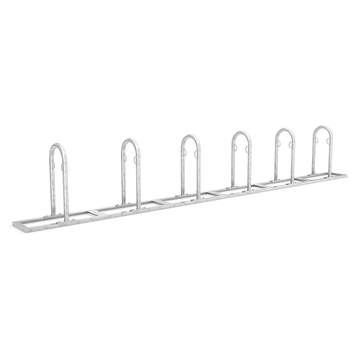 Metal bicycle rack with 7 loops in a row.