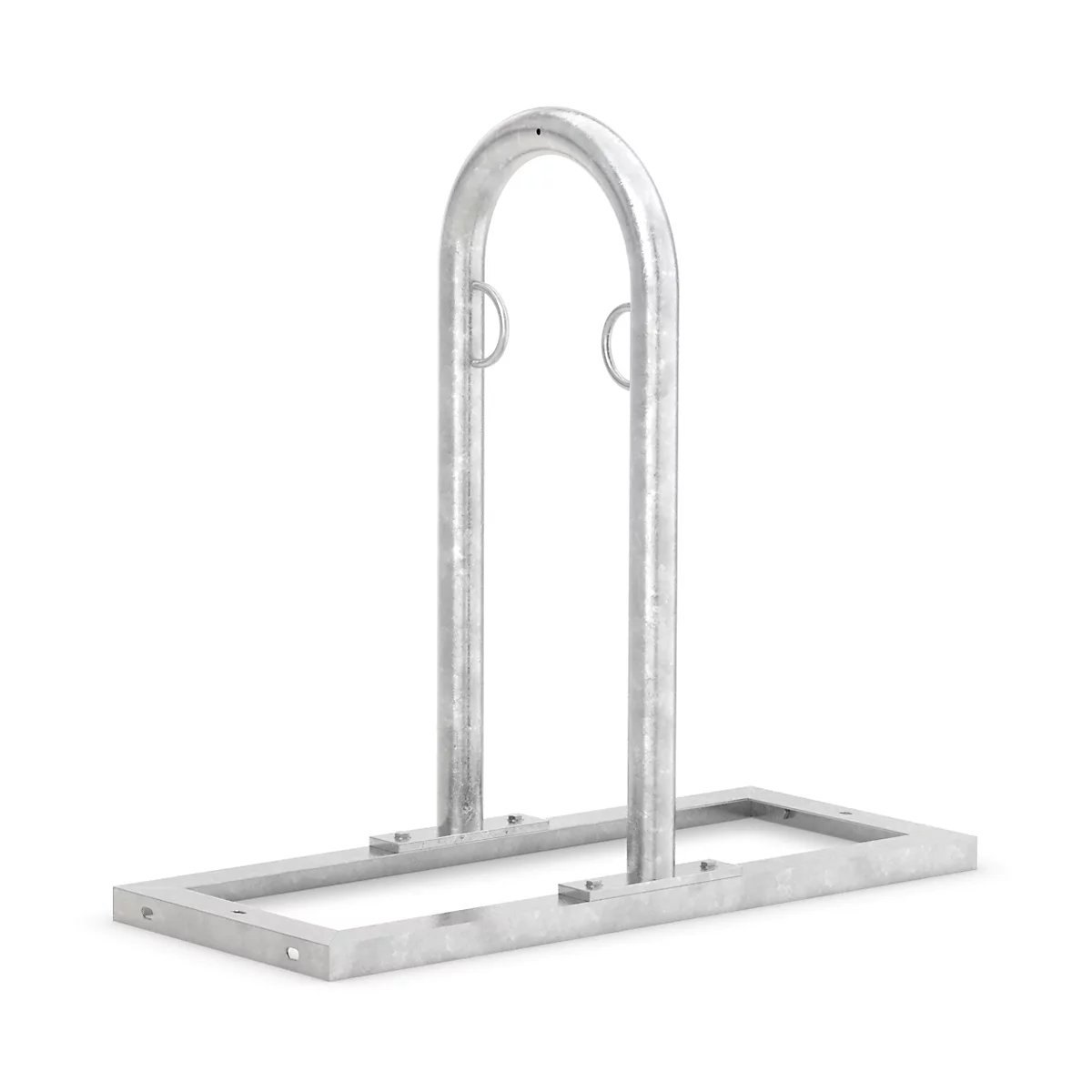 Metal bike rack, U-shaped, rectangular base, details with two small rings.