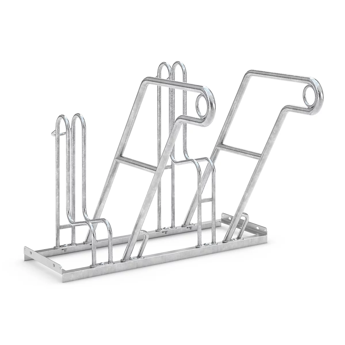 Metal bike rack. Two arches for the wheel mounts. Metal frame with rounded shapes and a bracket for screwing on.