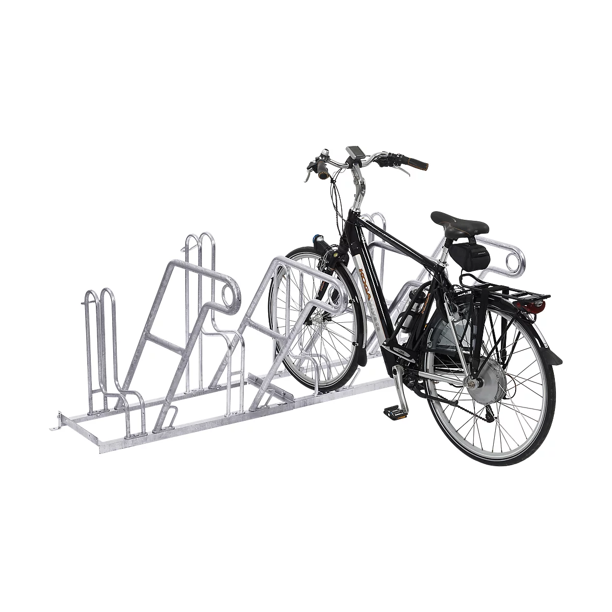 Bicycle in a galvanized bicycle rack. The bicycle has a black frame.