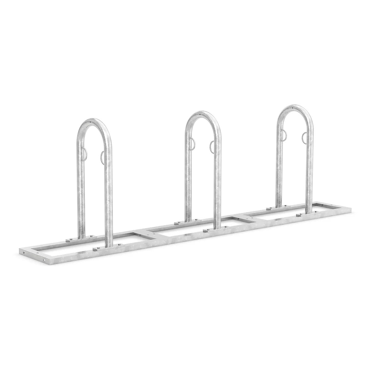 Metal bicycle rack. Three curved supports attached to a rectangular base.