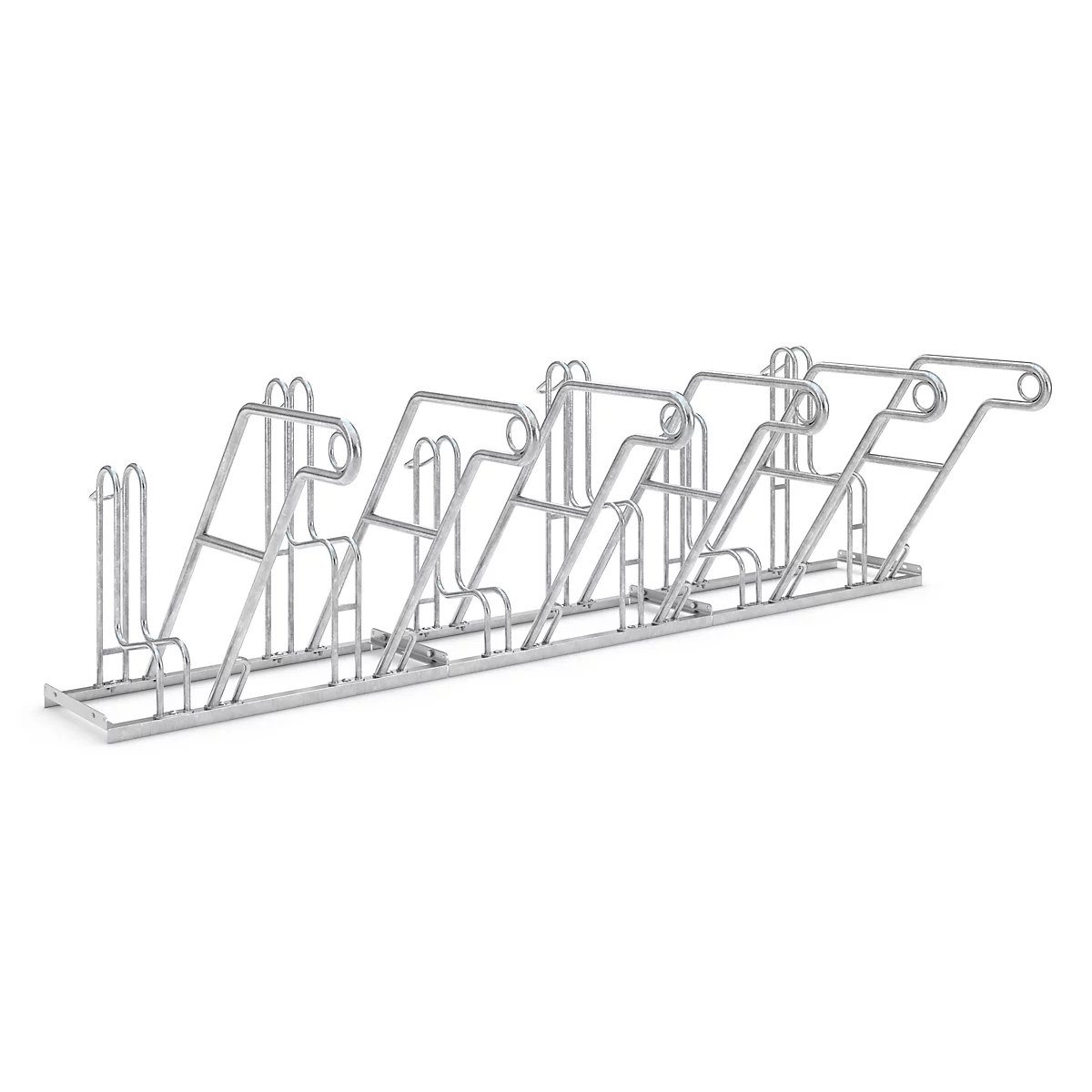 Metal bike rack with multiple bike holders arranged in a row.