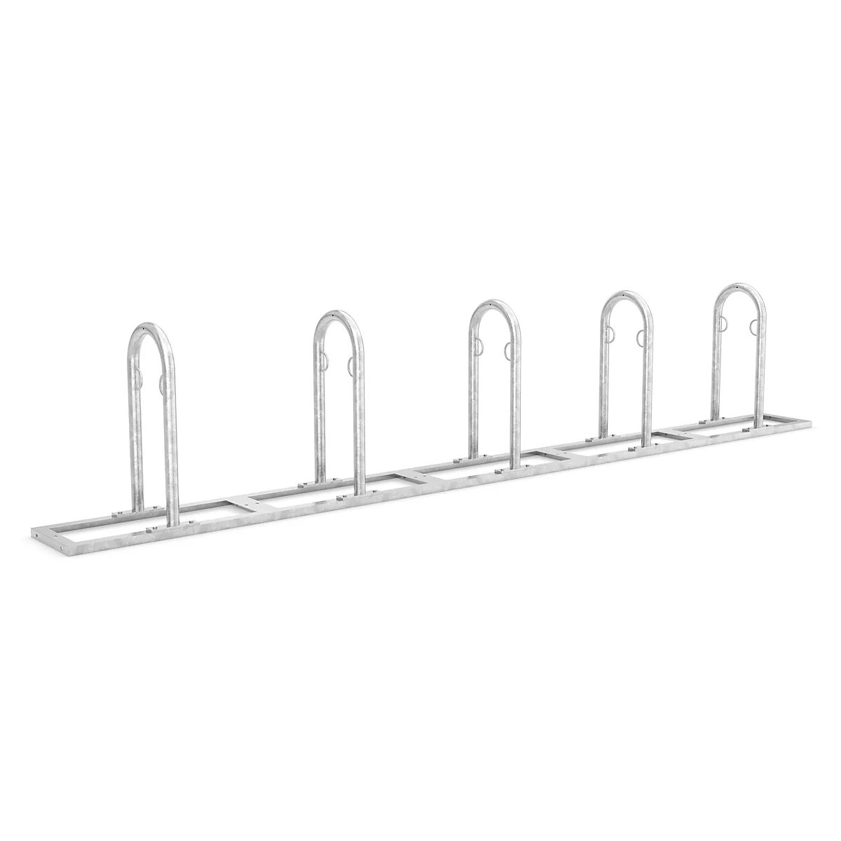 Metal bike rack with curved arches, five spaces.