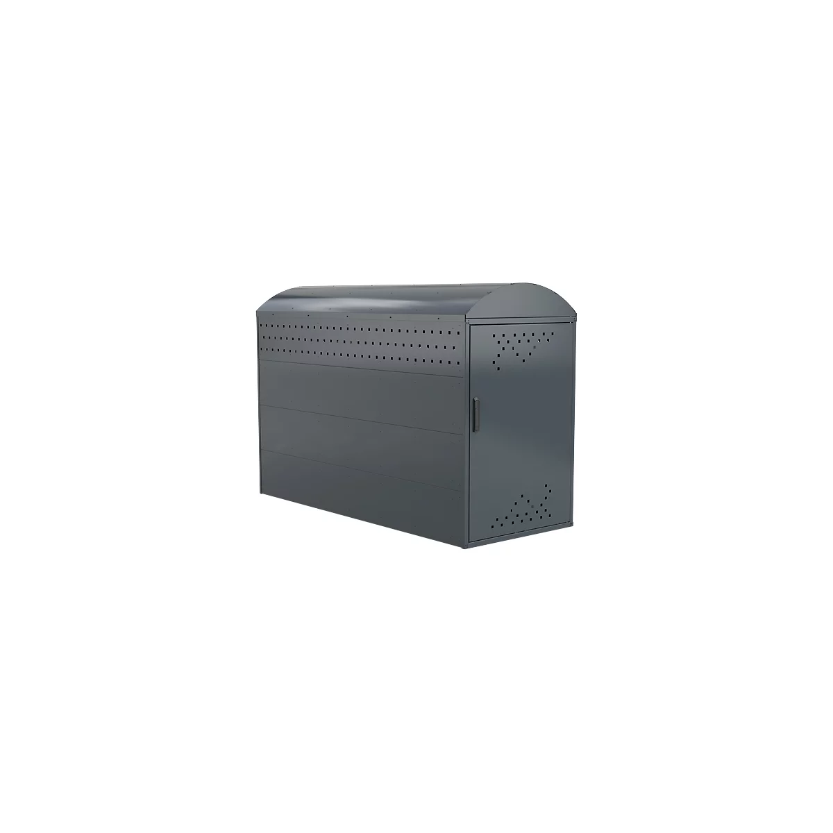 Grey bicycle storage cabinet with a rounded roof, dotted pattern, and door.