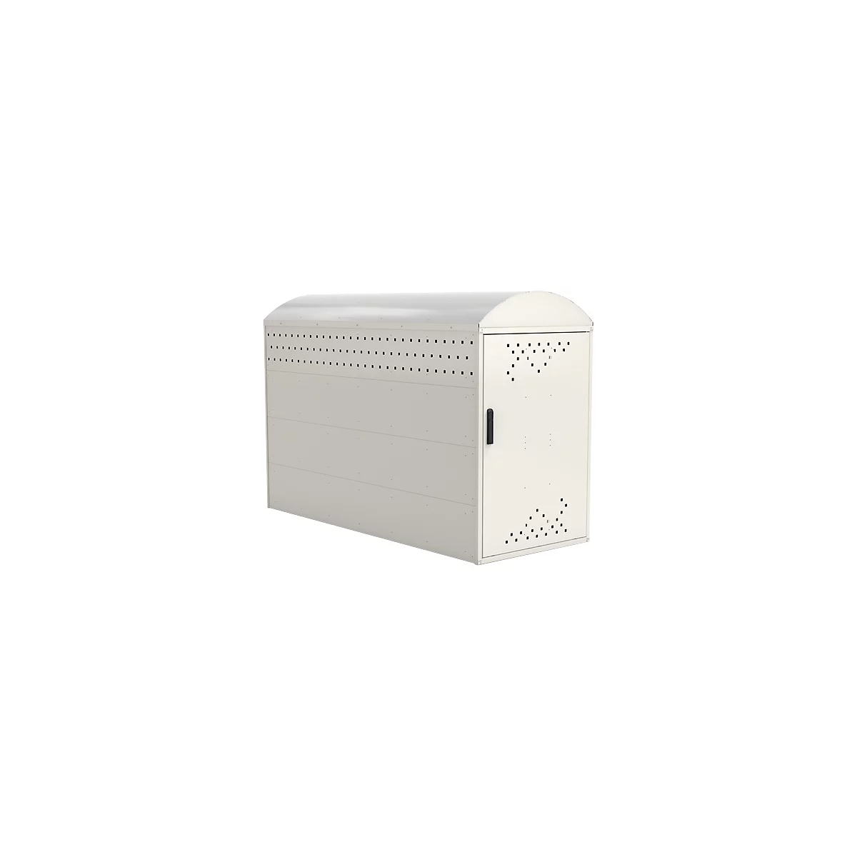 Beige metal cabinet with a rounded roof. It has holes, a door with handle.