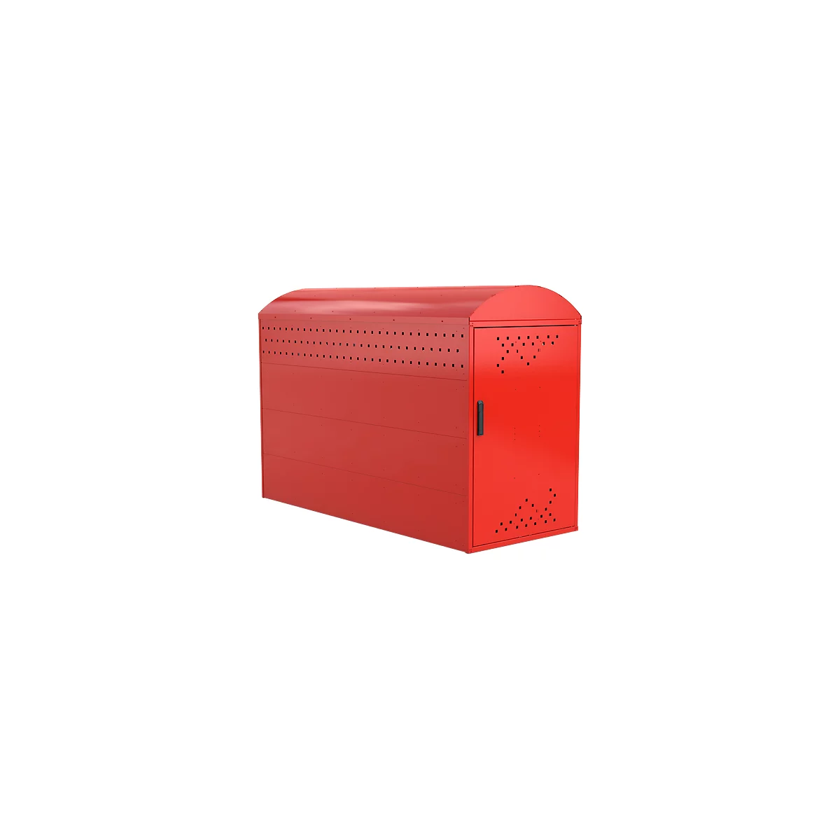 Red metal bike storage cabinet with hole pattern and door.