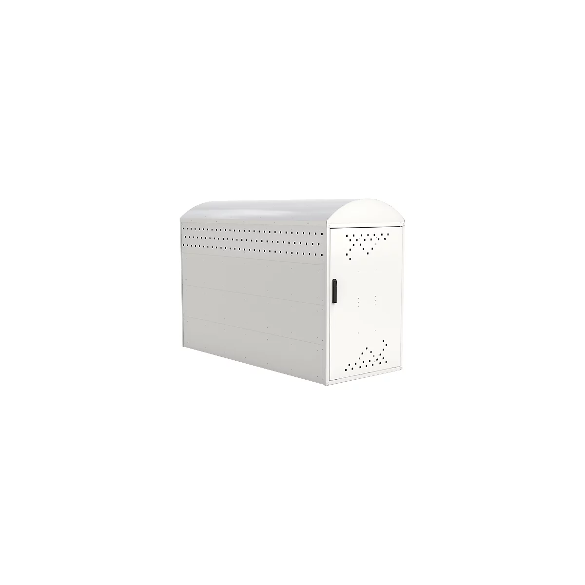 White bike shed with rounded roof, dotted pattern and door with black handle.