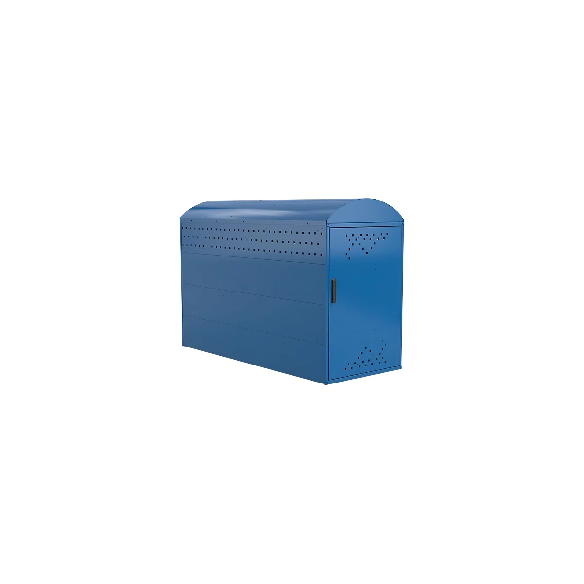 Blue bike storage cabinet with arched roof and dotted pattern. It has a door with black handle.